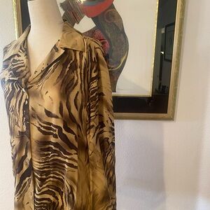 Dark brown and beige, long sleeve blouse